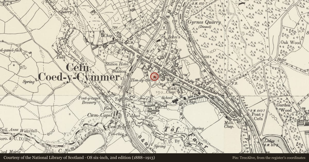 Ordnance Survey six-inch map, 2nd edition (1888–1913) covering the location of Hen Dy Cwrdd Unitarian Chapel, Vaynor, Merthyr Tydfil, with a pin at the register's coordinates