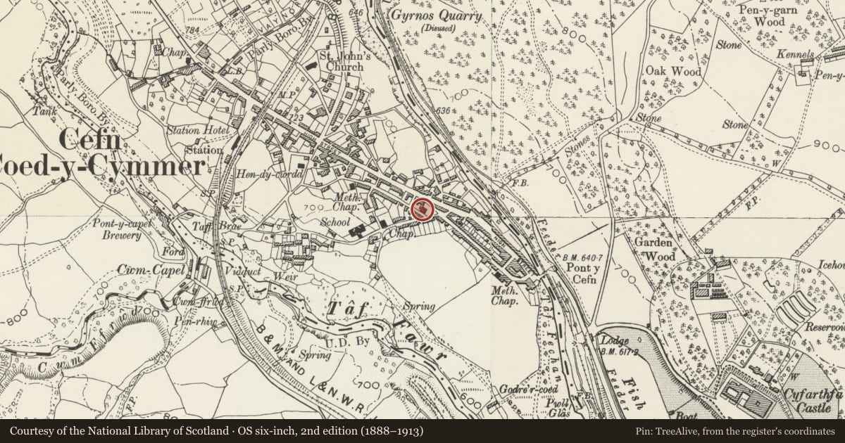 Ordnance Survey six-inch map, 2nd edition (1888–1913) covering the location of Carmel Welsh Baptist Chapel and attached schoolroom, Vaynor, Merthyr Tydfil, with a pin at the register's coordinates