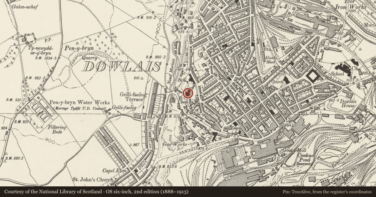 Ordnance Survey six-inch map, 2nd edition (1888–1913) covering the location of Catholic Church of St Illtyd, Dowlais, Merthyr Tydfil, with a pin at the register's coordinates