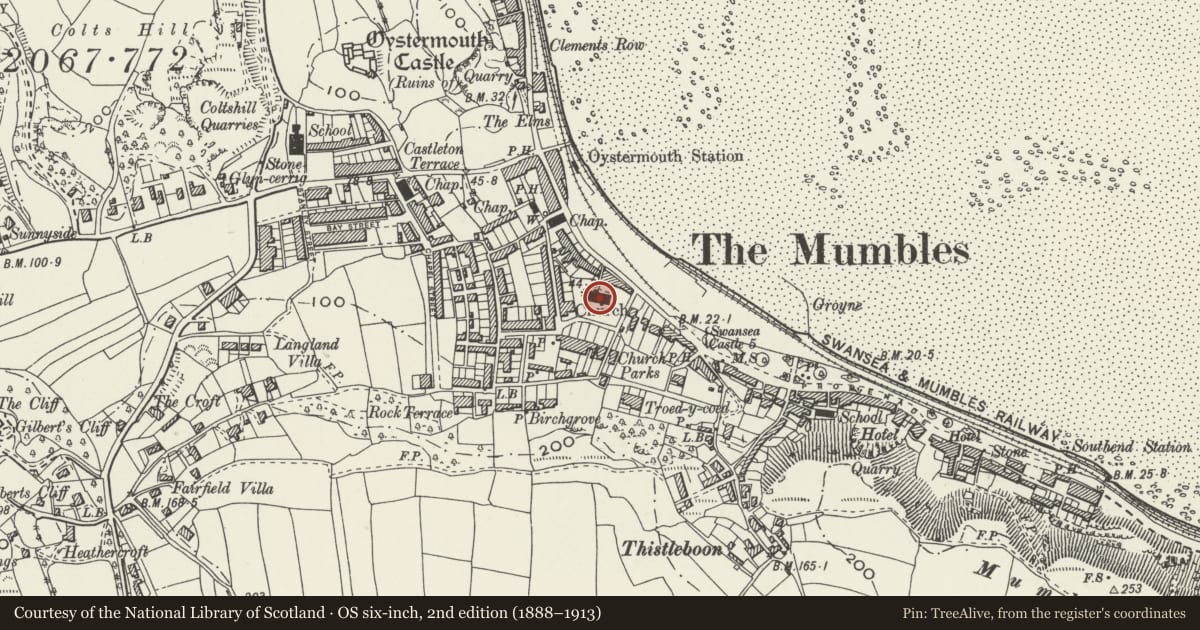 Ordnance Survey six-inch map, 2nd edition (1888–1913) covering the location of Church of All Saints, Oystermouth, Mumbles, Swansea, with a pin at the register's coordinates