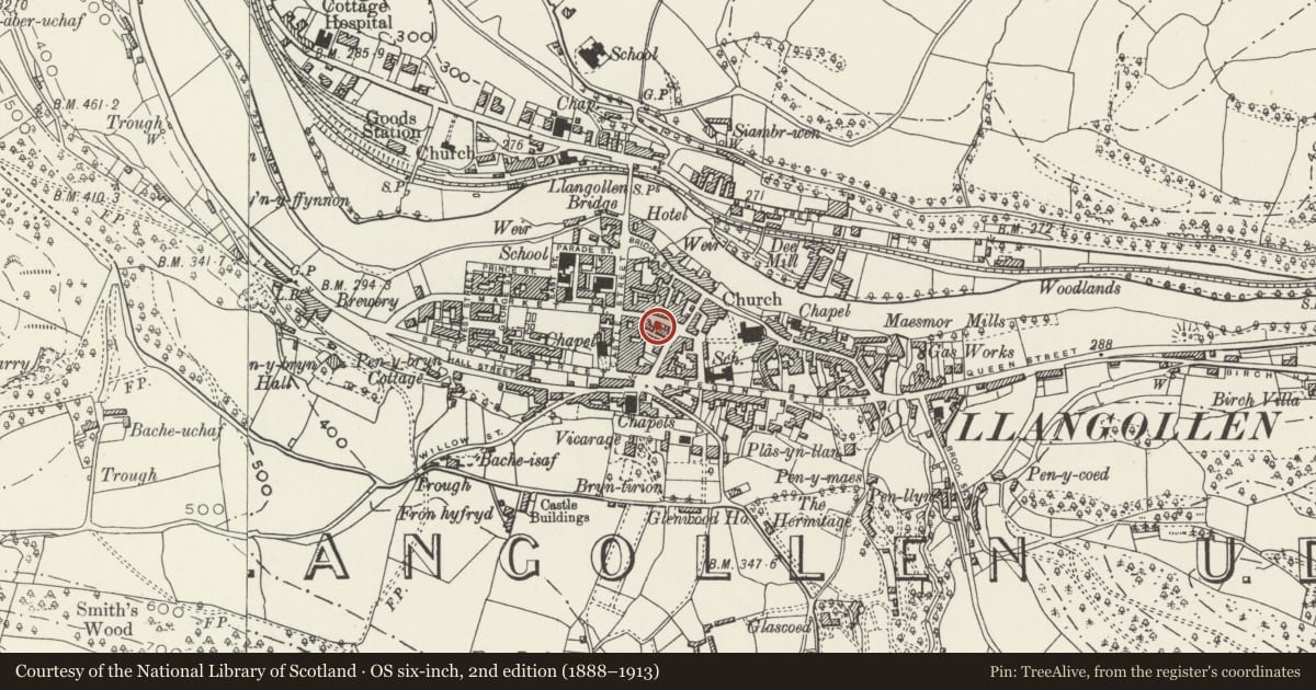 Ordnance Survey six-inch map, 2nd edition (1888–1913) covering the location of 2 Chapel Street Square, Llangollen, Denbighshire, with a pin at the register's coordinates