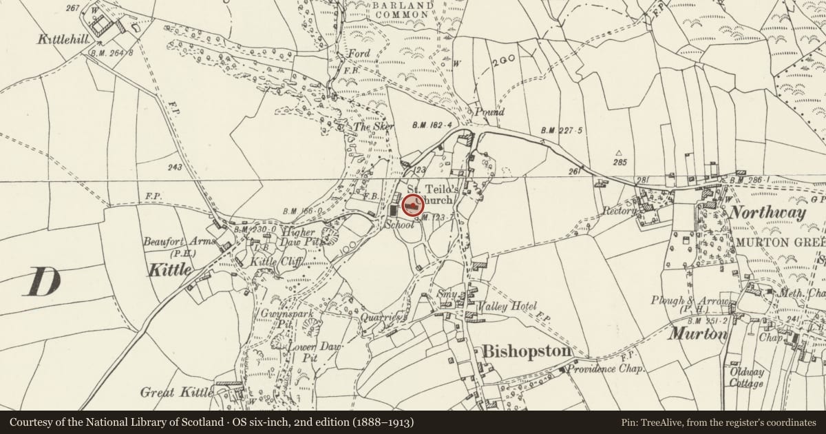 Ordnance Survey six-inch map, 2nd edition (1888–1913) covering the location of Church of St Teilo, Bishopston, Swansea, with a pin at the register's coordinates