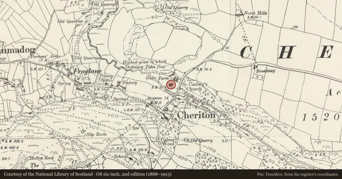 Ordnance Survey six-inch map, 2nd edition (1888–1913) covering the location of Church of St Cadoc, Llangennith, Llanmadoc and Cheriton, Swansea, with a pin at the register's coordinates