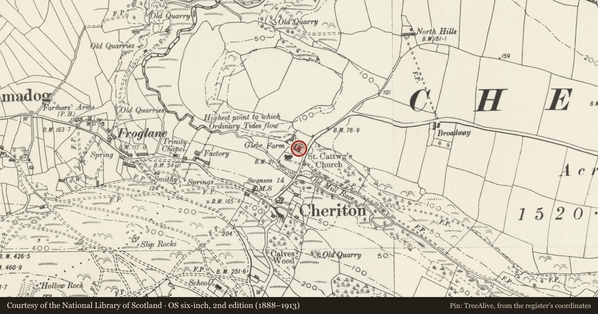 Ordnance Survey six-inch map, 2nd edition (1888–1913) covering the location of Glebe Farmhouse, Llangennith, Llanmadoc and Cheriton, Swansea, with a pin at the register's coordinates