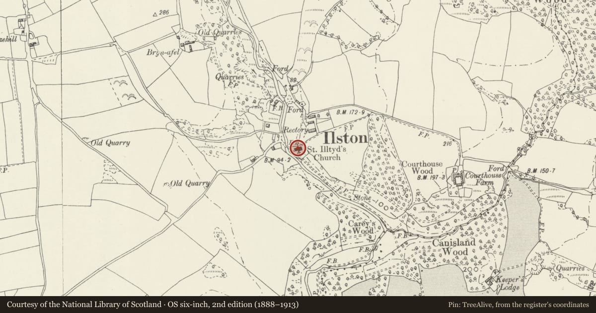 Ordnance Survey six-inch map, 2nd edition (1888–1913) covering the location of Church of St Illtyd, Ilston, Swansea, with a pin at the register's coordinates