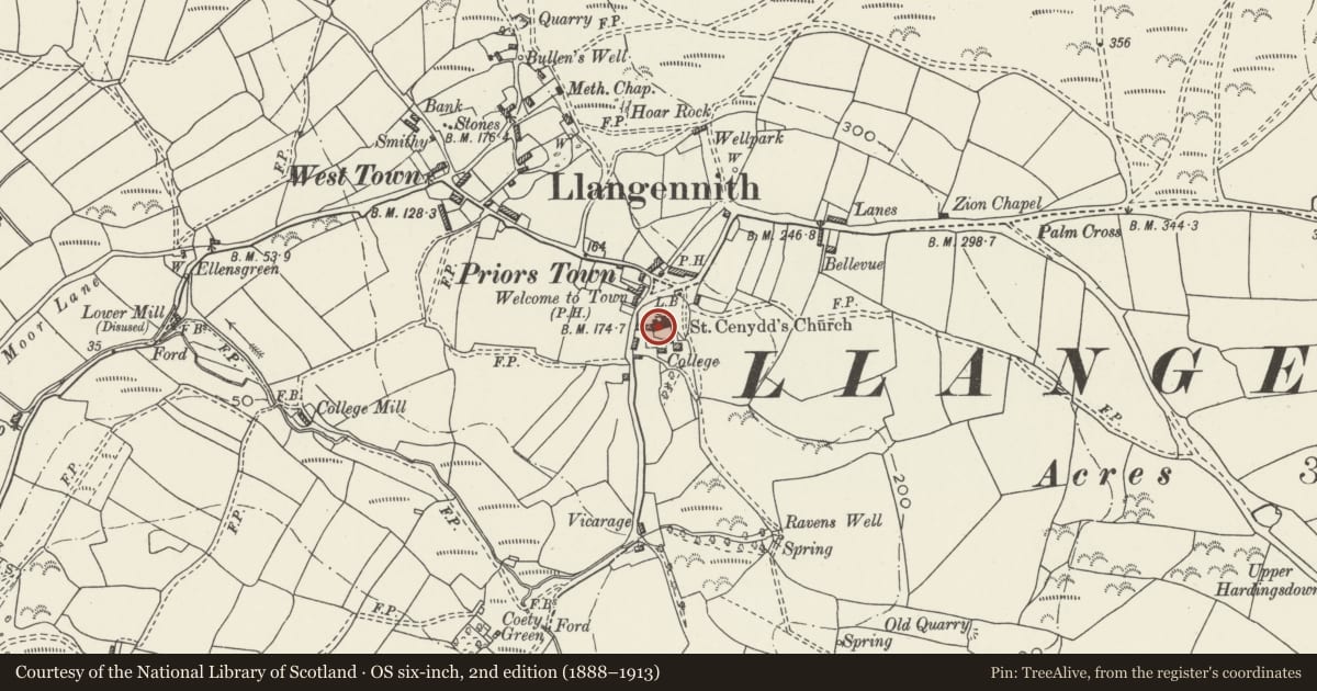 Ordnance Survey six-inch map, 2nd edition (1888–1913) covering the location of Church of St Cenydd, Llangennith, Llanmadoc and Cheriton, Swansea, with a pin at the register's coordinates