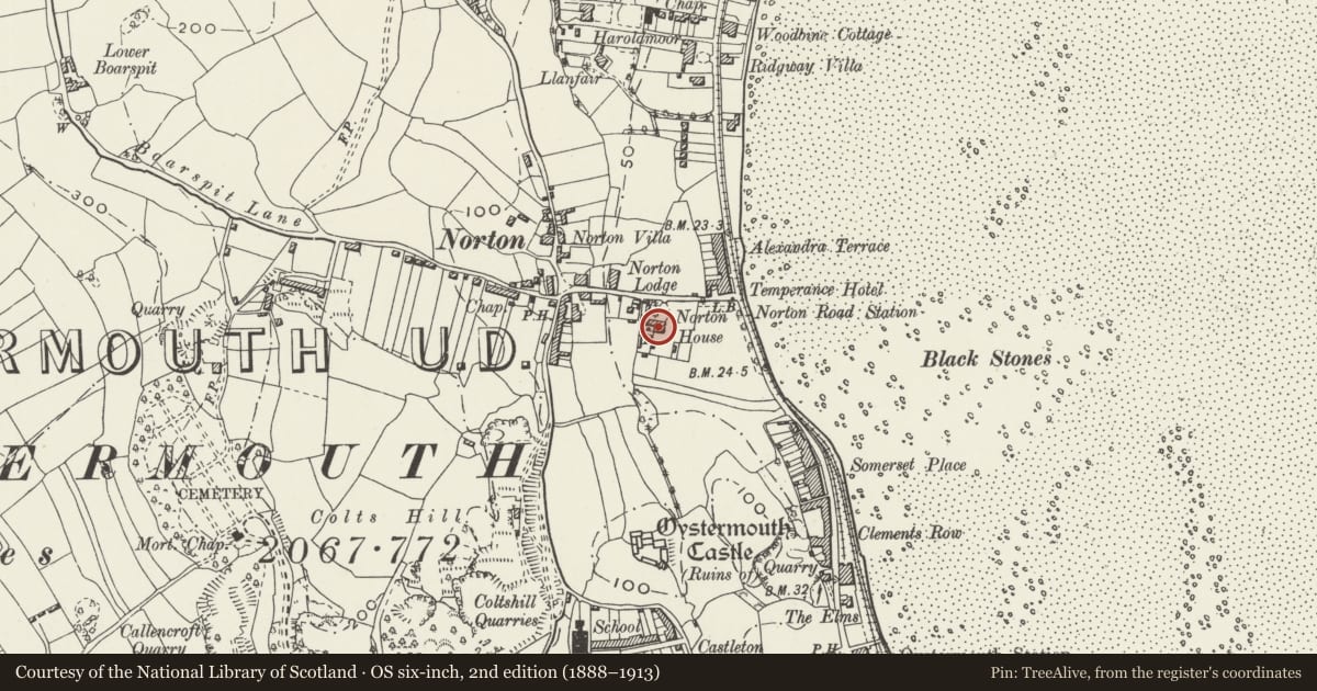 Ordnance Survey six-inch map, 2nd edition (1888–1913) covering the location of Norton House Hotel, Mumbles, Swansea, with a pin at the register's coordinates