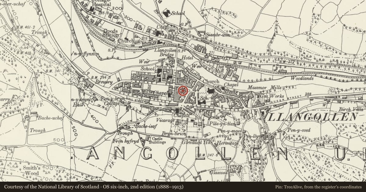 Ordnance Survey six-inch map, 2nd edition (1888–1913) covering the location of 3 Chapel Street Square, Llangollen, Denbighshire, with a pin at the register's coordinates