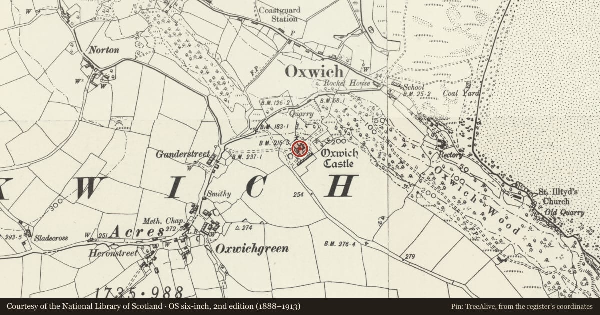 Ordnance Survey six-inch map, 2nd edition (1888–1913) covering the location of Oxwich Castle, Penrice, Swansea, with a pin at the register's coordinates