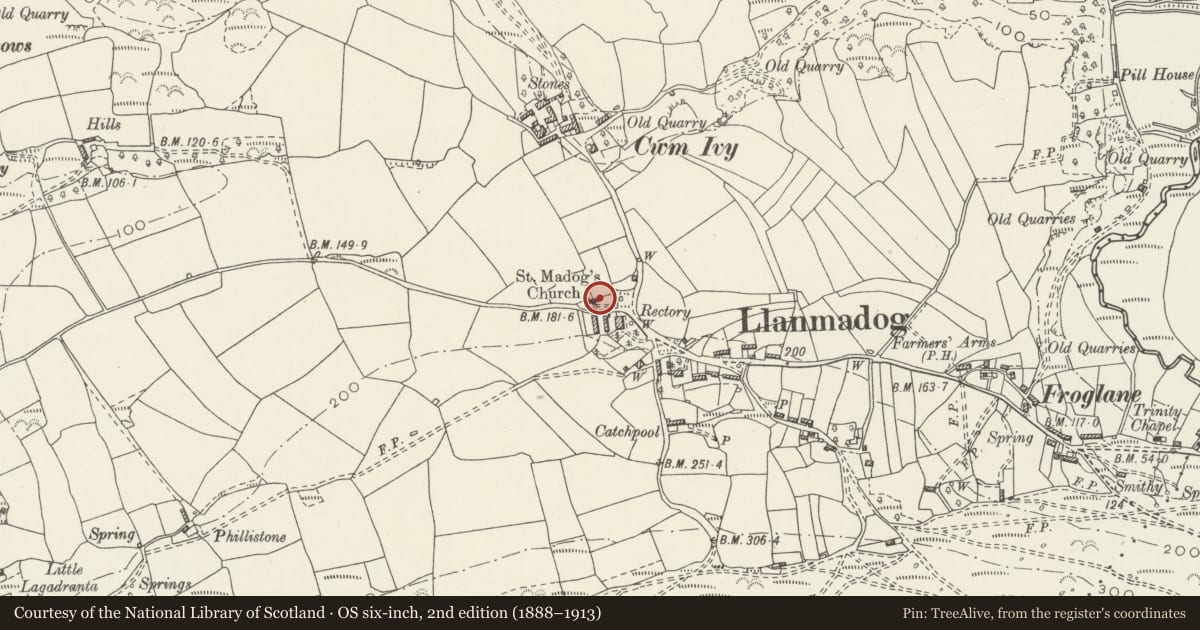 Ordnance Survey six-inch map, 2nd edition (1888–1913) covering the location of Church of St Madoc, Llangennith, Llanmadoc and Cheriton, Swansea, with a pin at the register's coordinates
