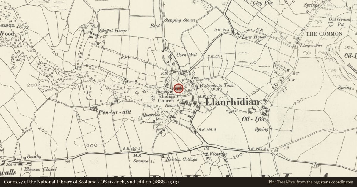Ordnance Survey six-inch map, 2nd edition (1888–1913) covering the location of Parish Church of St Rhidian and St Illtyd, Llanrhidian Lower, Swansea, with a pin at the register's coordinates