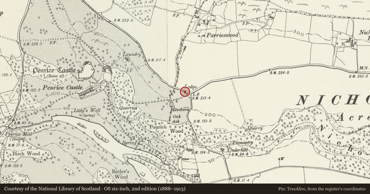Ordnance Survey six-inch map, 2nd edition (1888–1913) covering the location of Penrice Towers gate house, Ilston, Swansea, with a pin at the register's coordinates