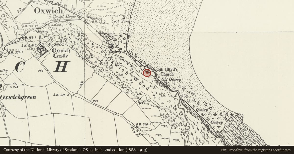 Ordnance Survey six-inch map, 2nd edition (1888–1913) covering the location of Church of St Illtyd, Penrice, Swansea, with a pin at the register's coordinates