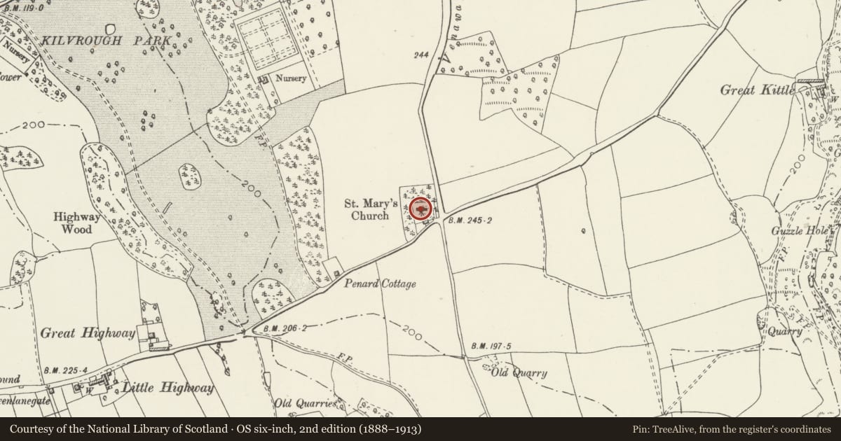 Ordnance Survey six-inch map, 2nd edition (1888–1913) covering the location of Church of St Mary, Pennard, Swansea, with a pin at the register's coordinates