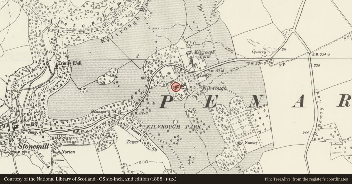 Ordnance Survey six-inch map, 2nd edition (1888–1913) covering the location of Kilvrough Manor, Pennard, Swansea, with a pin at the register's coordinates