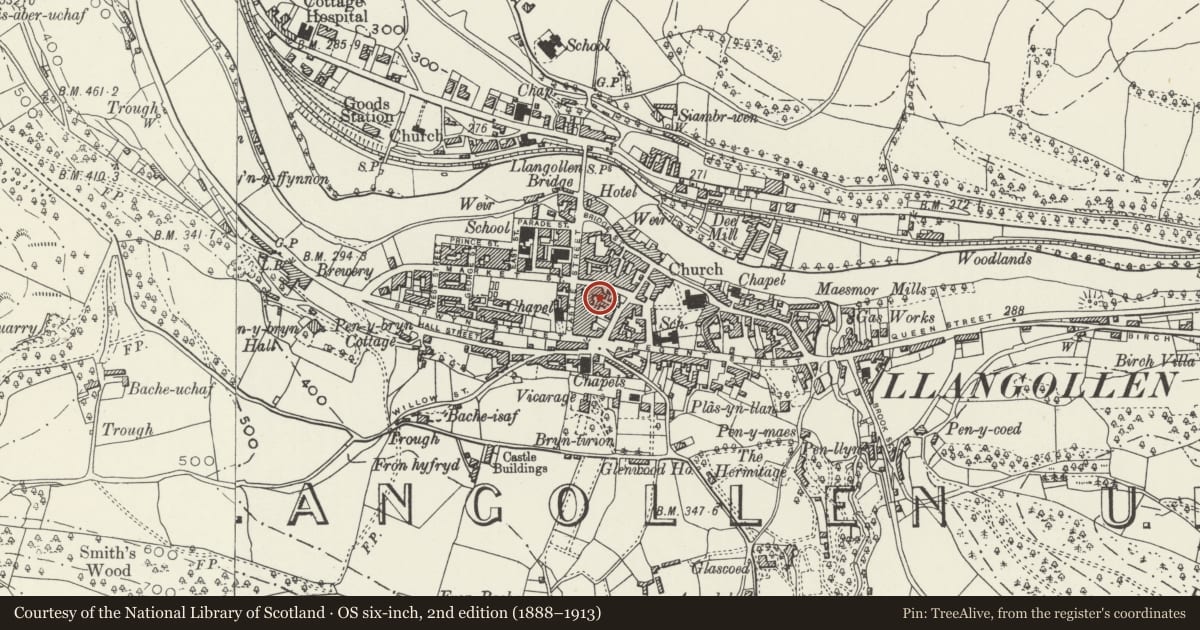 Ordnance Survey six-inch map, 2nd edition (1888–1913) covering the location of 4 Chapel Street Square, Llangollen, Denbighshire, with a pin at the register's coordinates