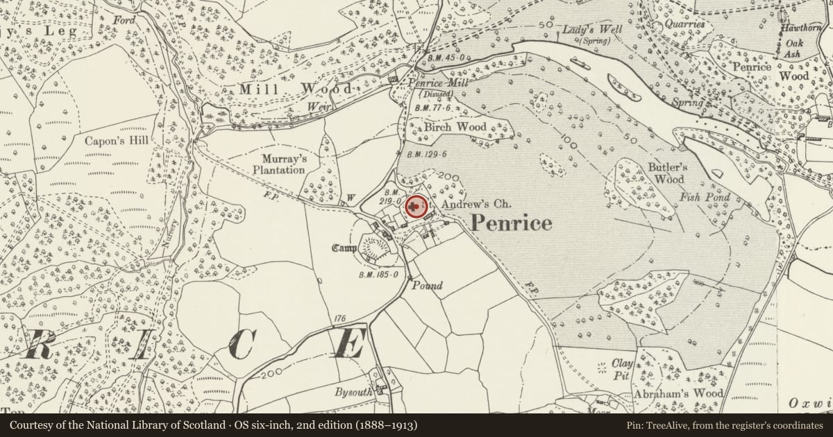 Ordnance Survey six-inch map, 2nd edition (1888–1913) covering the location of Church of St Andrew, Penrice, Swansea, with a pin at the register's coordinates