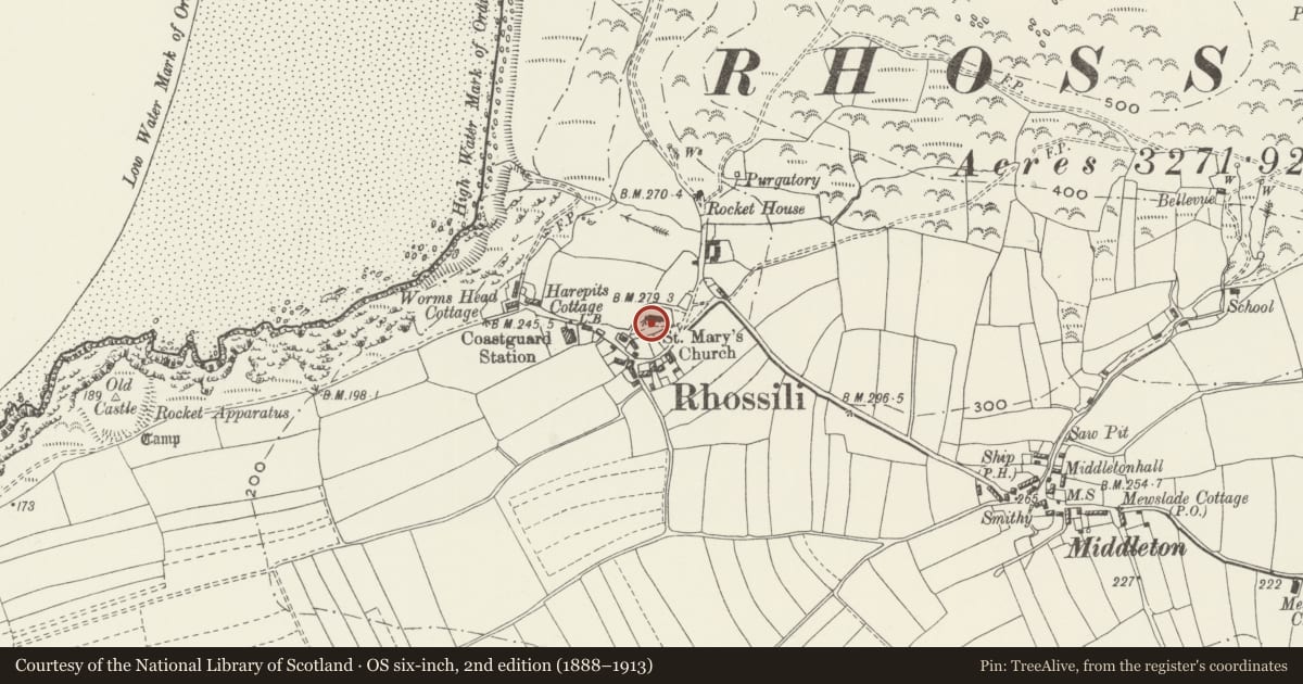Ordnance Survey six-inch map, 2nd edition (1888–1913) covering the location of Church of St Mary, Rhossili, Swansea, with a pin at the register's coordinates