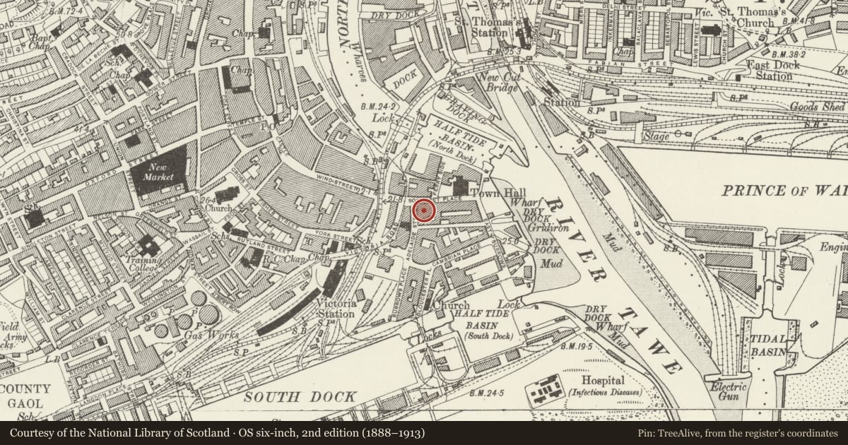 Ordnance Survey six-inch map, 2nd edition (1888–1913) covering the location of Offices of Associated British Ports Formerly Swansea Harbour Trust, Waterfront/Y Glannau, Swansea, with a pin at the register's coordinates
