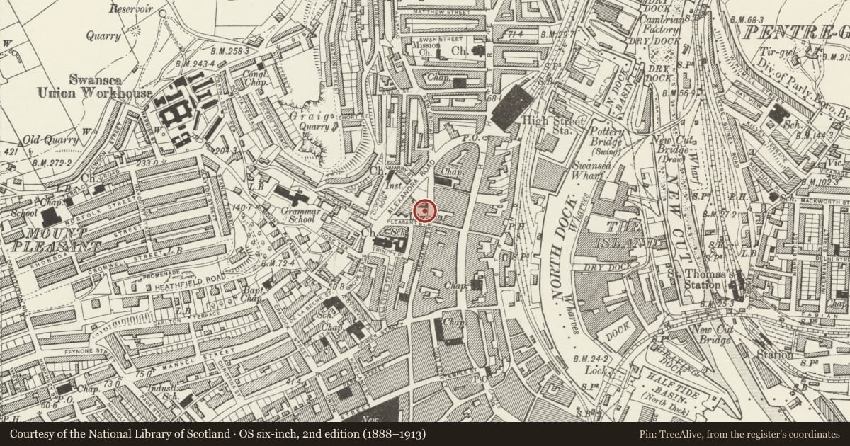Ordnance Survey six-inch map, 2nd edition (1888–1913) covering the location of Central Police Station, Castle, Swansea, with a pin at the register's coordinates