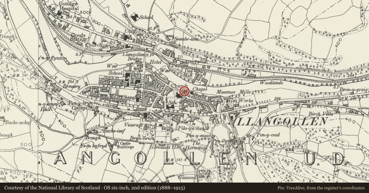 Ordnance Survey six-inch map, 2nd edition (1888–1913) covering the location of Bryn-Dwr, Llangollen, Denbighshire, with a pin at the register's coordinates