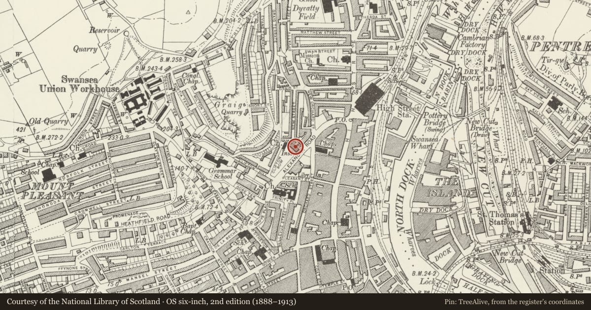 Ordnance Survey six-inch map, 2nd edition (1888–1913) covering the location of Swansea Working Men's Club & Institute, Castle, Swansea, with a pin at the register's coordinates