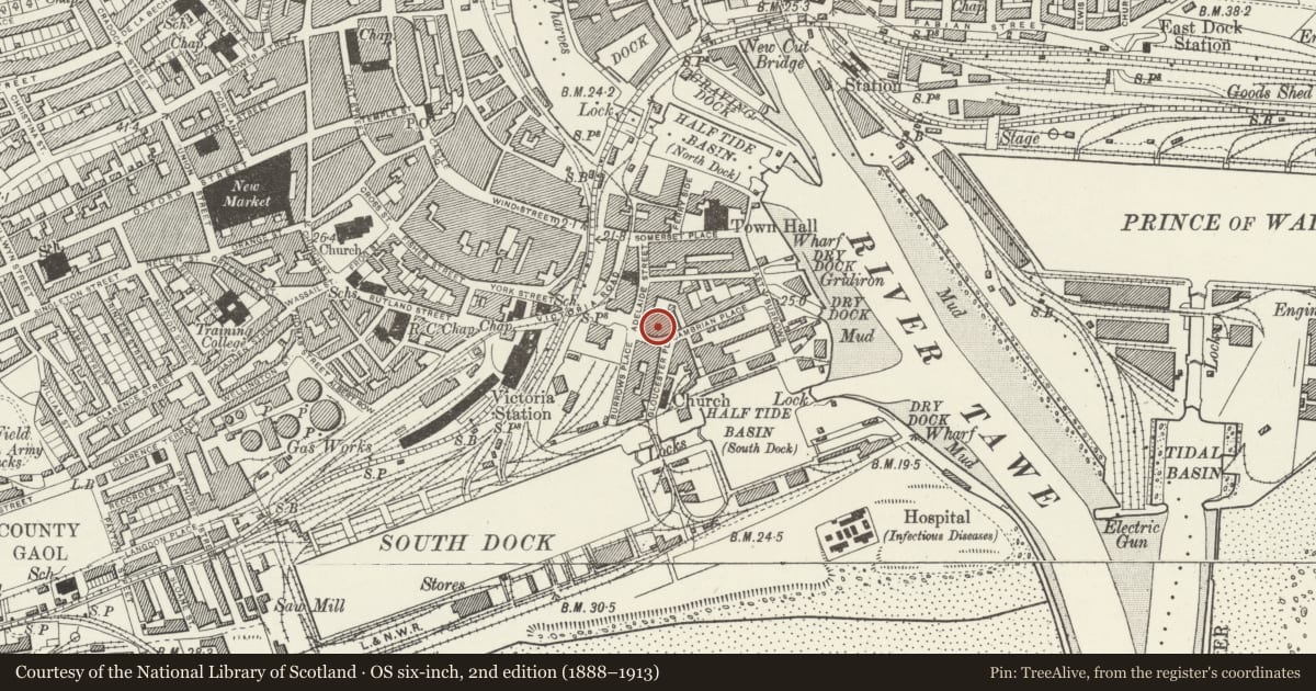 Ordnance Survey six-inch map, 2nd edition (1888–1913) covering the location of Exchange Chambers (Exchange Buildings), Waterfront/Y Glannau, Swansea, with a pin at the register's coordinates