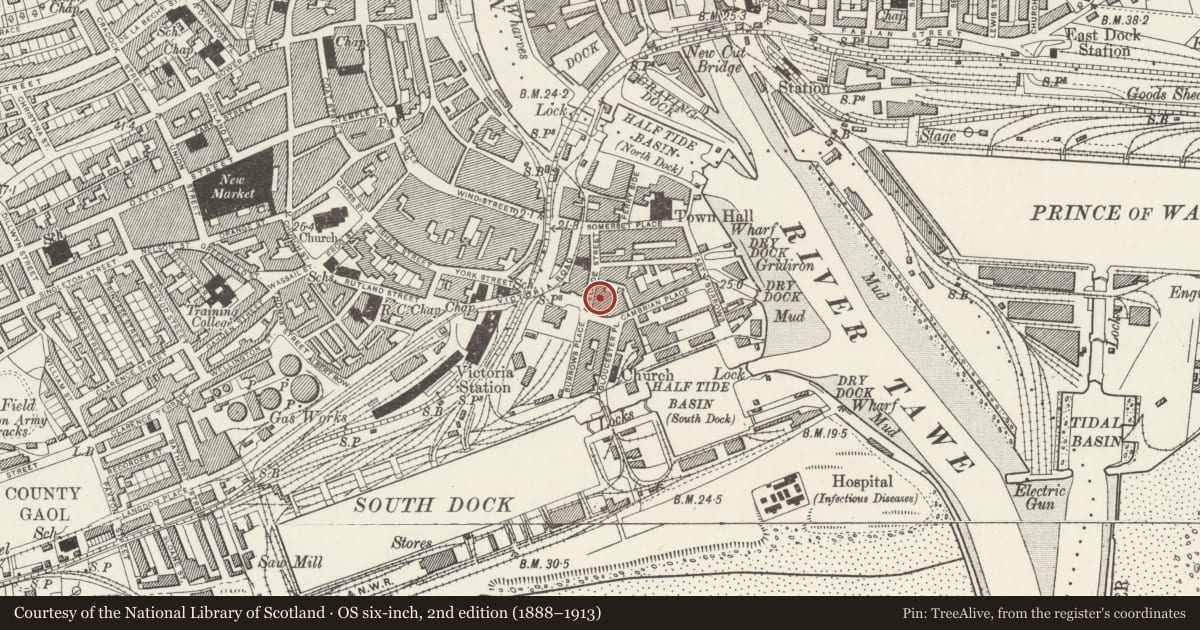 Ordnance Survey six-inch map, 2nd edition (1888–1913) covering the location of Restaurant (Exchange Buildings), Waterfront/Y Glannau, Swansea, with a pin at the register's coordinates