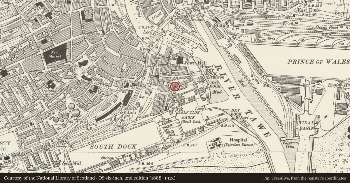 Ordnance Survey six-inch map, 2nd edition (1888–1913) covering the location of Pembroke Buildings, Waterfront/Y Glannau, Swansea, with a pin at the register's coordinates