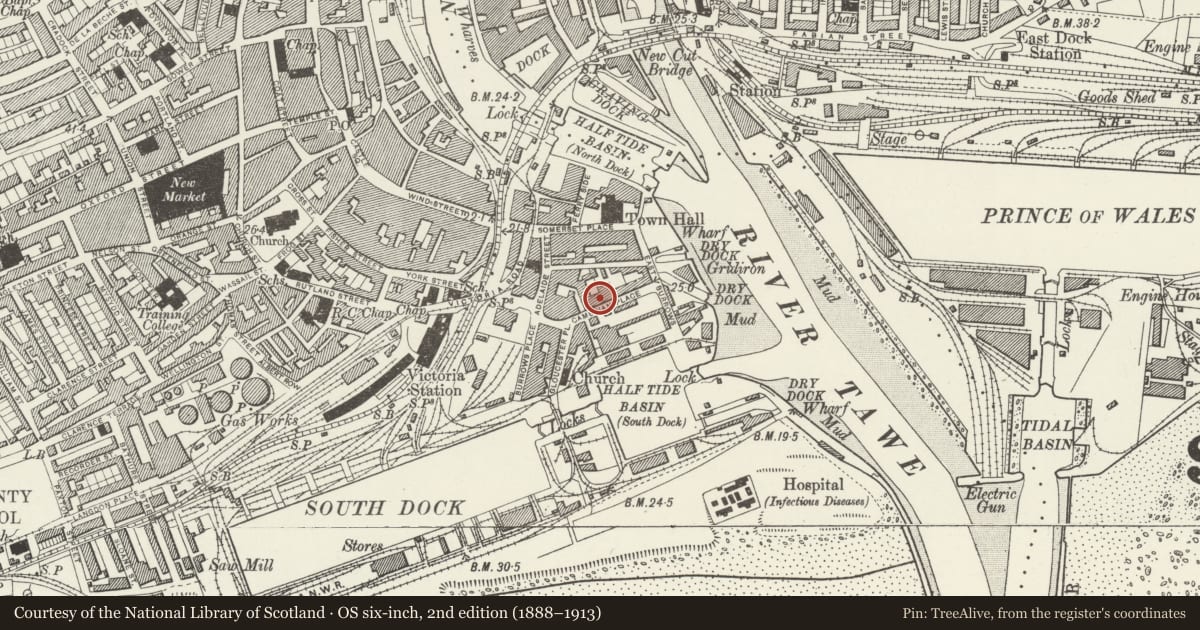 Ordnance Survey six-inch map, 2nd edition (1888–1913) covering the location of Pembroke Buildings, Waterfront/Y Glannau, Swansea, with a pin at the register's coordinates