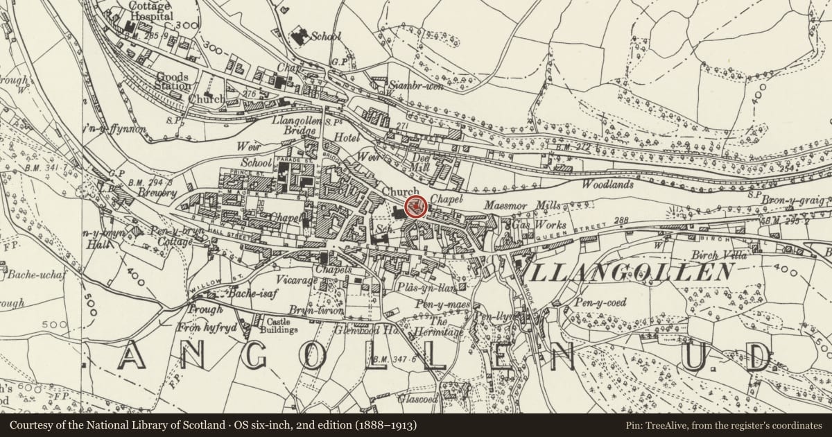 Ordnance Survey six-inch map, 2nd edition (1888–1913) covering the location of Maesmawr House, Llangollen, Denbighshire, with a pin at the register's coordinates