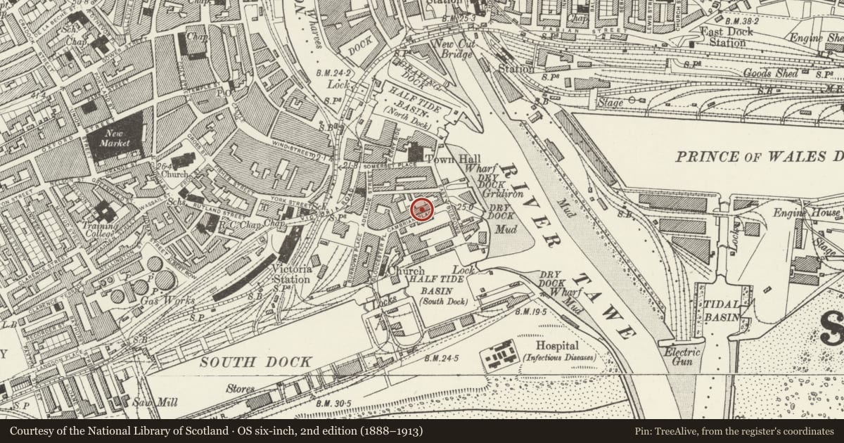 Ordnance Survey six-inch map, 2nd edition (1888–1913) covering the location of 7 Cambrian Place, Waterfront/Y Glannau, Swansea, with a pin at the register's coordinates