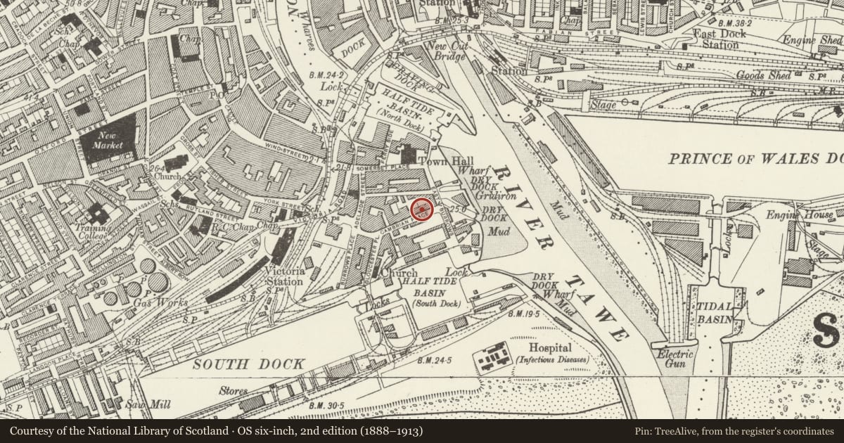 Ordnance Survey six-inch map, 2nd edition (1888–1913) covering the location of 9 Cambrian Place, Waterfront/Y Glannau, Swansea, with a pin at the register's coordinates