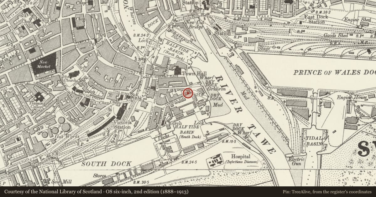 Ordnance Survey six-inch map, 2nd edition (1888–1913) covering the location of 12 Cambrian Place, Waterfront/Y Glannau, Swansea, with a pin at the register's coordinates