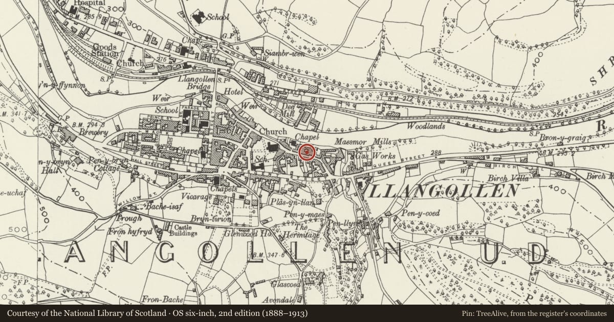 Ordnance Survey six-inch map, 2nd edition (1888–1913) covering the location of 25 Church Street, Llangollen, Denbighshire, with a pin at the register's coordinates