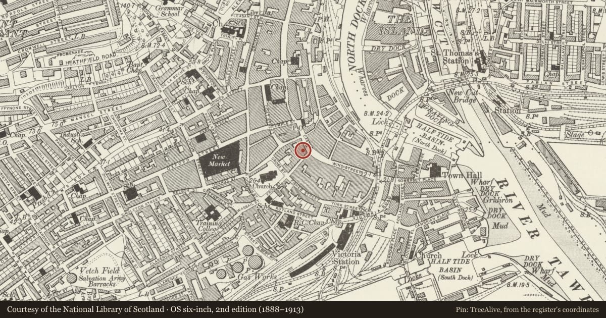 Ordnance Survey six-inch map, 2nd edition (1888–1913) covering the location of Midland Bank, Castle, Swansea, with a pin at the register's coordinates