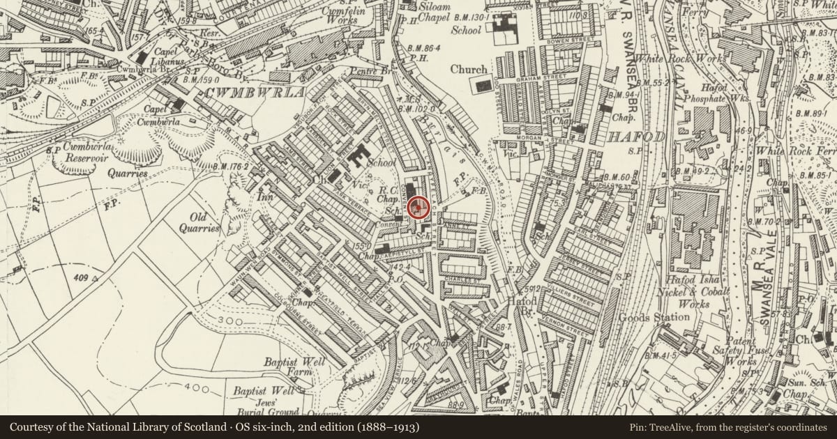 Ordnance Survey six-inch map, 2nd edition (1888–1913) covering the location of Presbytery at Catholic Church of St Joseph, Castle, Swansea, with a pin at the register's coordinates