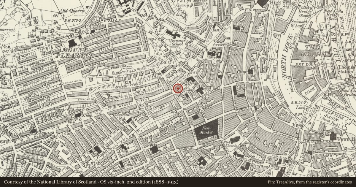 Ordnance Survey six-inch map, 2nd edition (1888–1913) covering the location of Top Rank Club (formerly Albert Hall), Castle, Swansea, with a pin at the register's coordinates