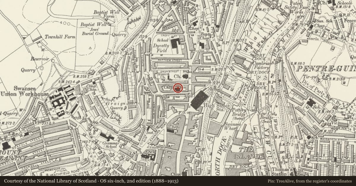 Ordnance Survey six-inch map, 2nd edition (1888–1913) covering the location of Ebenezer Baptist Chapel, Castle, Swansea, with a pin at the register's coordinates