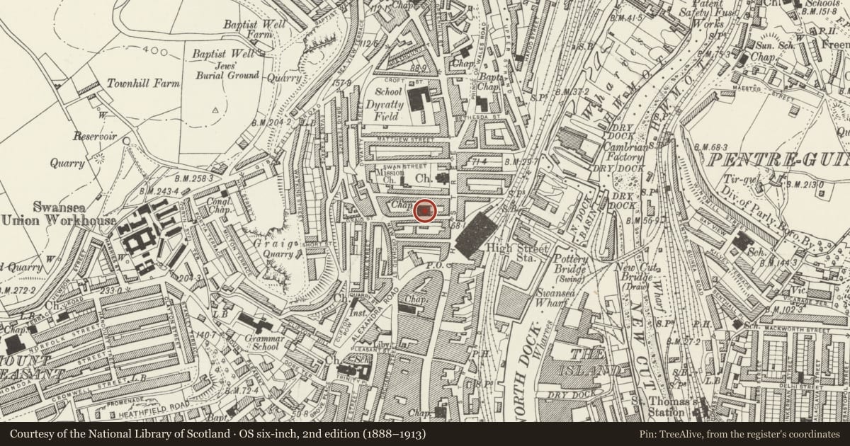 Ordnance Survey six-inch map, 2nd edition (1888–1913) covering the location of Ebenezer Baptist Chapel Hall, Castle, Swansea, with a pin at the register's coordinates