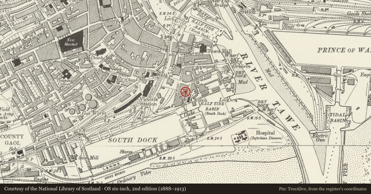 Ordnance Survey six-inch map, 2nd edition (1888–1913) covering the location of 2 Gloucester Place, Waterfront/Y Glannau, Swansea, with a pin at the register's coordinates