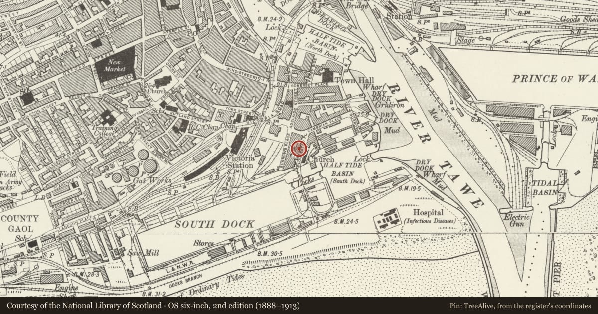 Ordnance Survey six-inch map, 2nd edition (1888–1913) covering the location of 3 Gloucester Place, Waterfront/Y Glannau, Swansea, with a pin at the register's coordinates