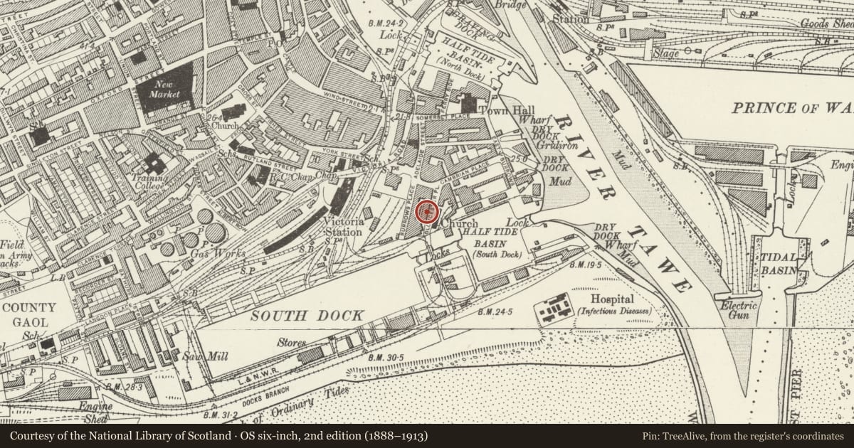 Ordnance Survey six-inch map, 2nd edition (1888–1913) covering the location of 4 Gloucester Place, Waterfront/Y Glannau, Swansea, with a pin at the register's coordinates