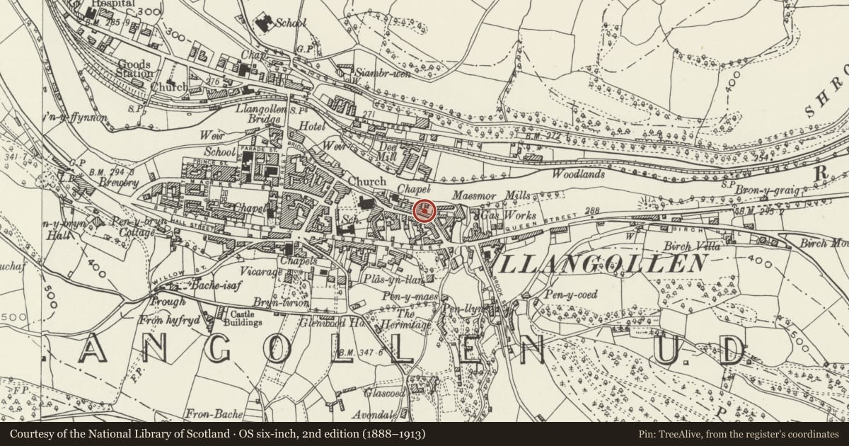 Ordnance Survey six-inch map, 2nd edition (1888–1913) covering the location of 31 Church Street, Llangollen, Denbighshire, with a pin at the register's coordinates