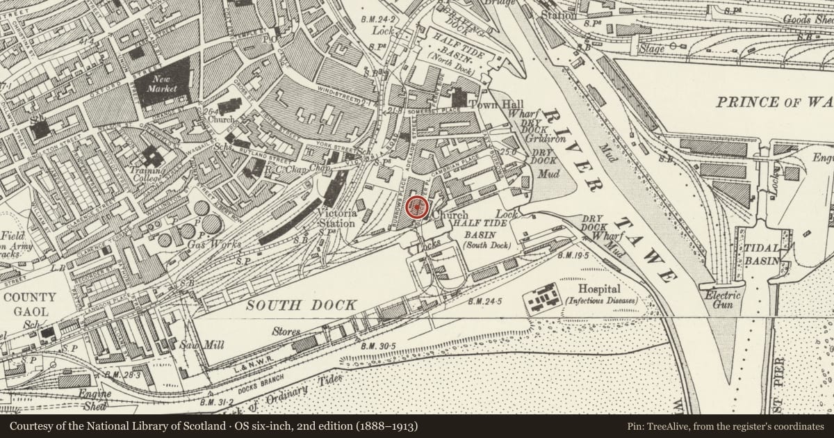 Ordnance Survey six-inch map, 2nd edition (1888–1913) covering the location of 5 Gloucester Place, Waterfront/Y Glannau, Swansea, with a pin at the register's coordinates