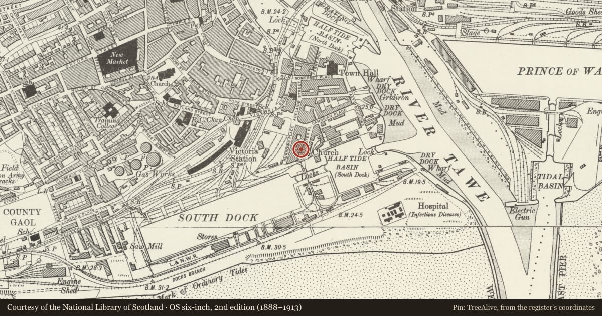 Ordnance Survey six-inch map, 2nd edition (1888–1913) covering the location of 6 Gloucester Place, Waterfront/Y Glannau, Swansea, with a pin at the register's coordinates