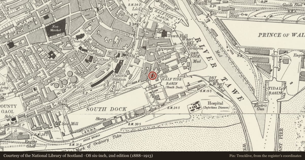 Ordnance Survey six-inch map, 2nd edition (1888–1913) covering the location of St. Nicholas Seamen's Church (Swansea Arts Workshop), Waterfront/Y Glannau, Swansea, with a pin at the register's coordinates
