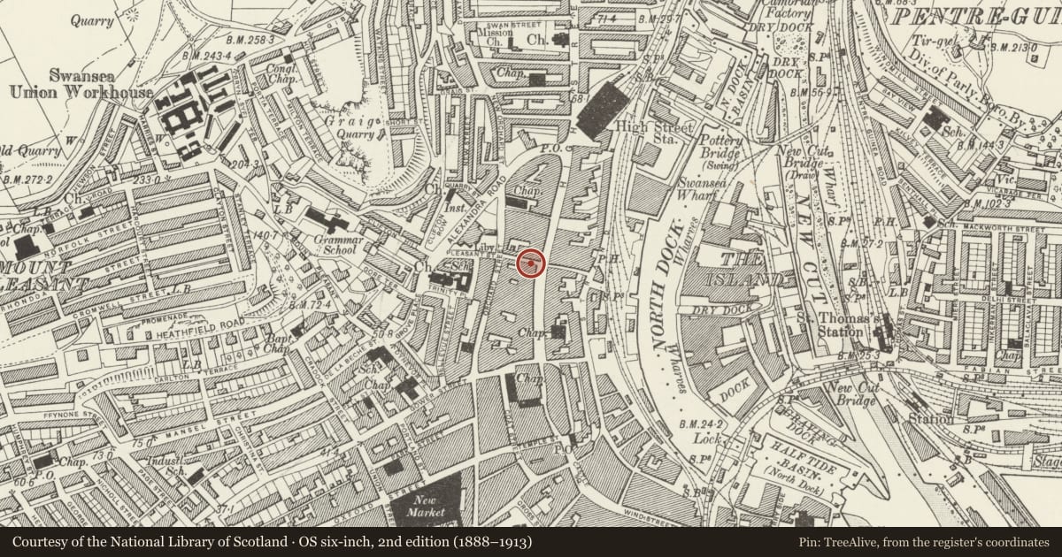 Ordnance Survey six-inch map, 2nd edition (1888–1913) covering the location of Kings Arms PH, Castle, Swansea, with a pin at the register's coordinates
