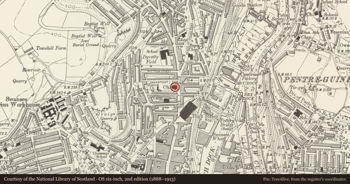 Ordnance Survey six-inch map, 2nd edition (1888–1913) covering the location of St. Matthew's Church, Castle, Swansea, with a pin at the register's coordinates