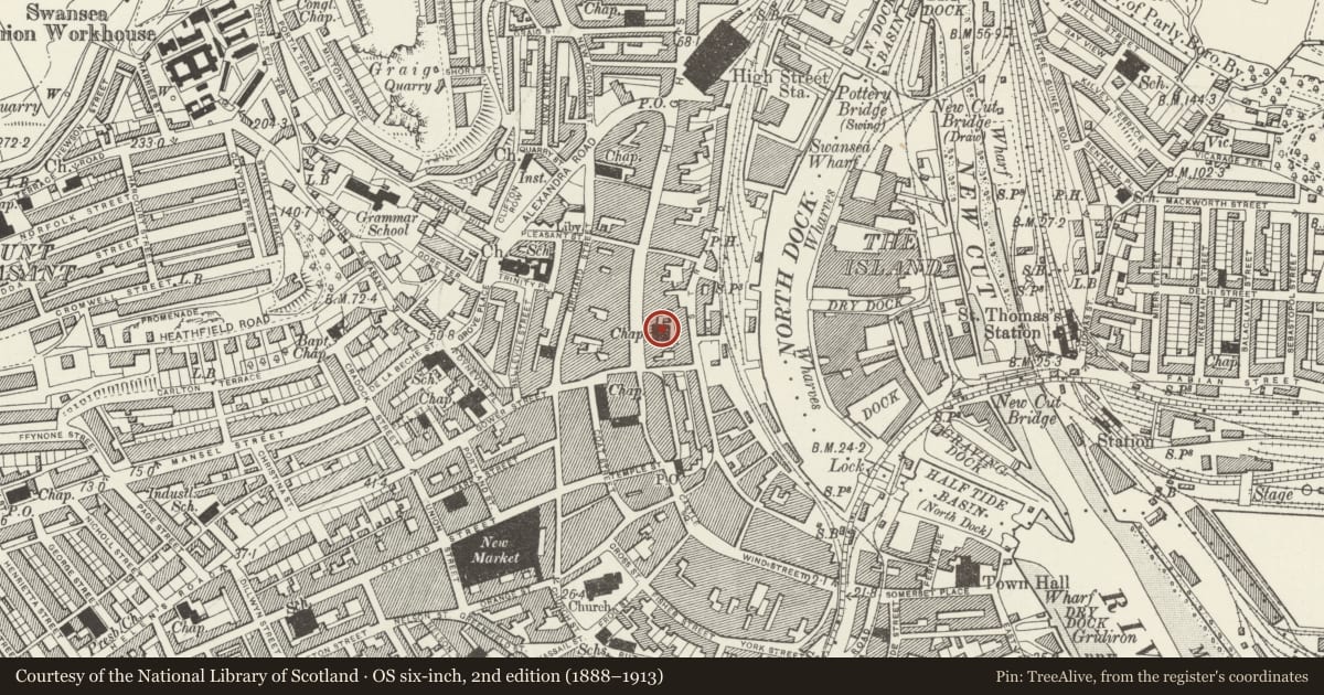 Ordnance Survey six-inch map, 2nd edition (1888–1913) covering the location of Unitarian Church, Castle, Swansea, with a pin at the register's coordinates